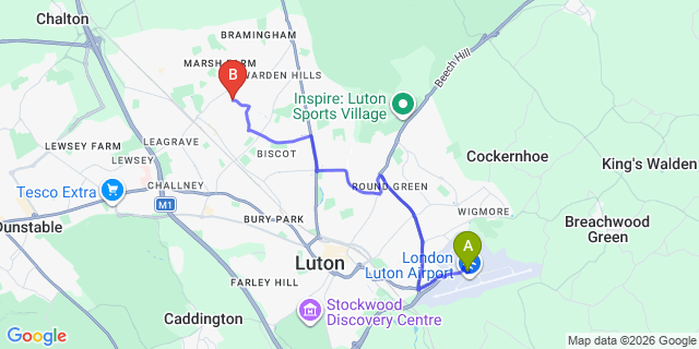 Map: London Luton Airport (LTN) to Limbury