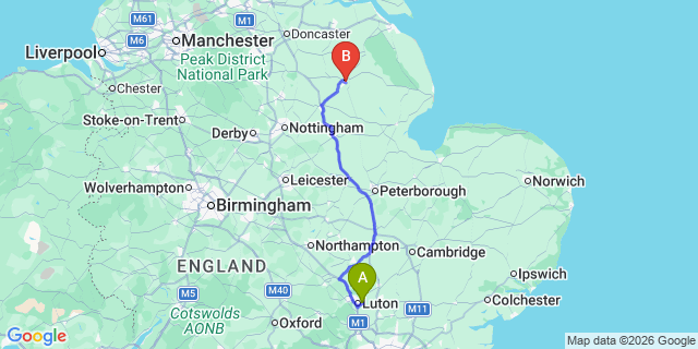 Map: London Luton Airport (LTN) to Lincoln