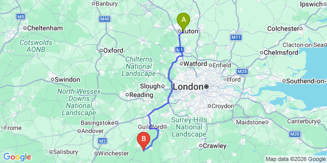 Map: London Luton Airport (LTN) to Liphook