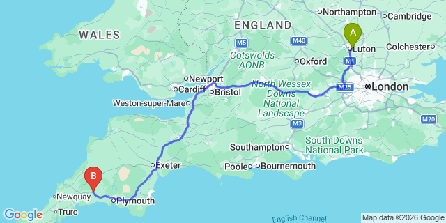 Map: London Luton Airport (LTN) to Liskeard