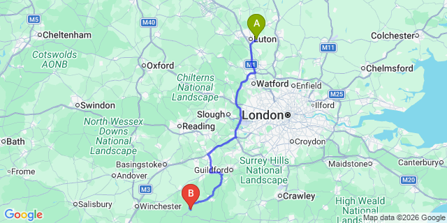 Map: London Luton Airport (LTN) to Liss