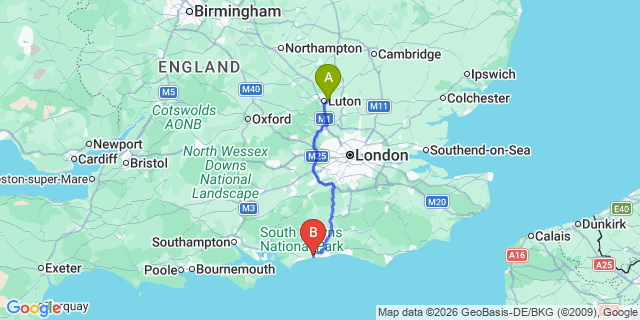 Map: London Luton Airport (LTN) to Littlehampton