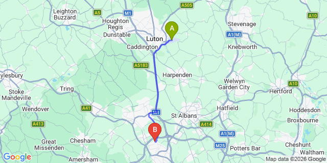 Map: London Luton Airport (LTN) to London - Abbots Langley