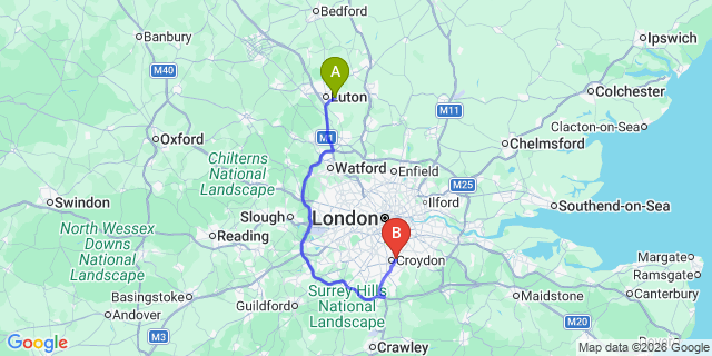 Map: London Luton Airport (LTN) to London - Addiscombe