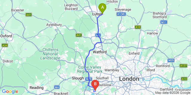 Map: London Luton Airport (LTN) to London - Ashford