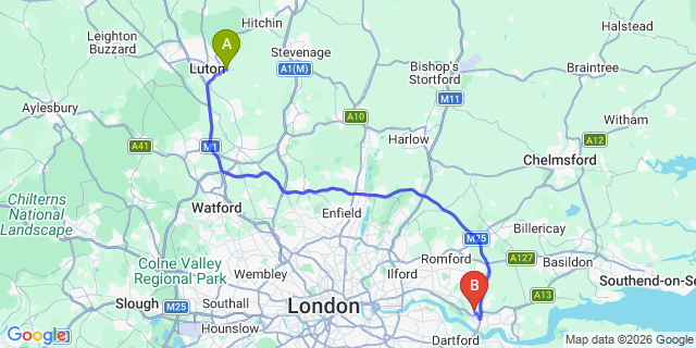 Map: London Luton Airport (LTN) to London - Aveley