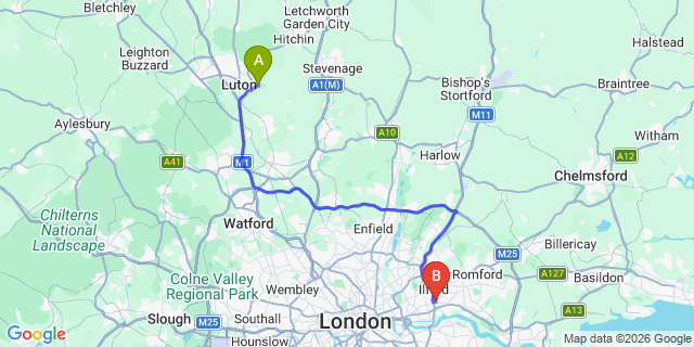Map: London Luton Airport (LTN) to London - Barking