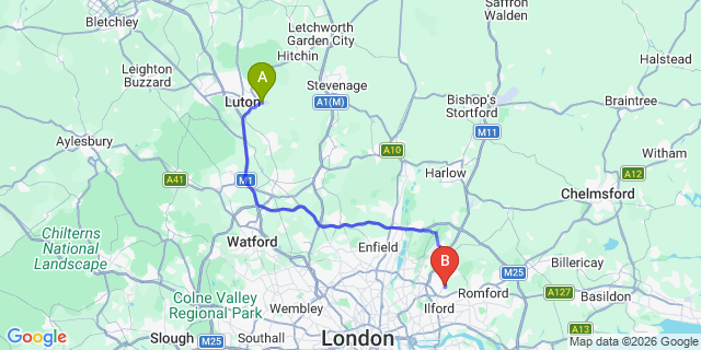 Map: London Luton Airport (LTN) to London - Barkingside