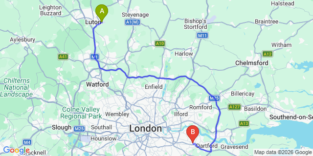 Map: London Luton Airport (LTN) to London - Bexleyheath