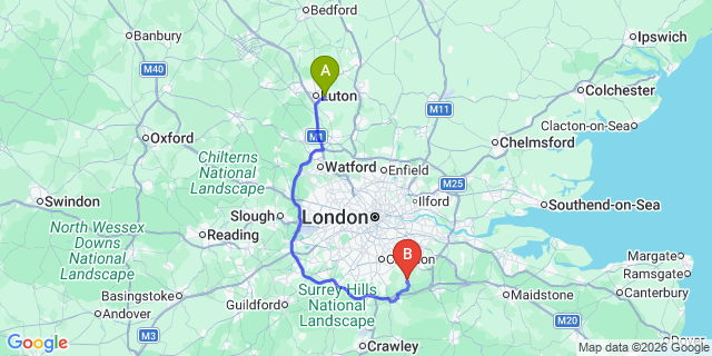 Map: London Luton Airport (LTN) to London - Biggin Hill