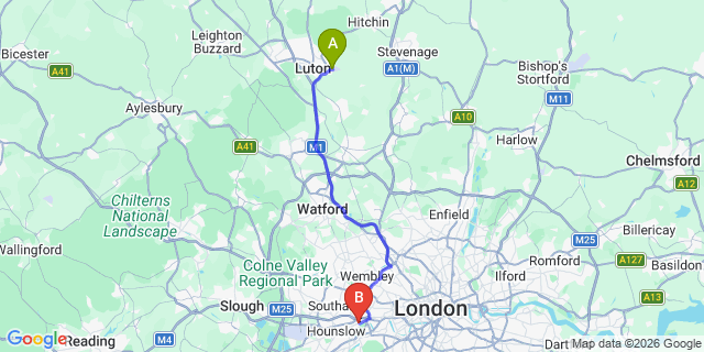 Map: London Luton Airport (LTN) to London - Brentford