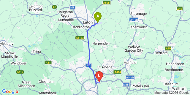 Map: London Luton Airport (LTN) to London - Bricket Wood