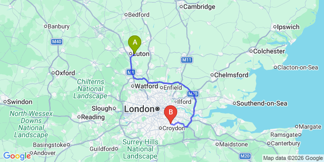 Map: London Luton Airport (LTN) to London - Bromley