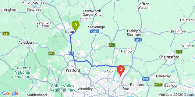 Map: London Luton Airport (LTN) to London - Buckhurst Hill
