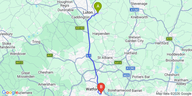 Map: London Luton Airport (LTN) to London - Bushey