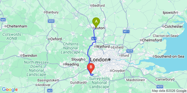 Map: London Luton Airport (LTN) to London - Byfleet
