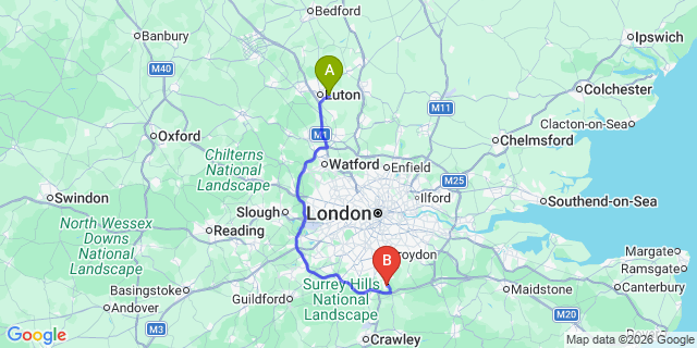 Map: London Luton Airport (LTN) to London - Caterham