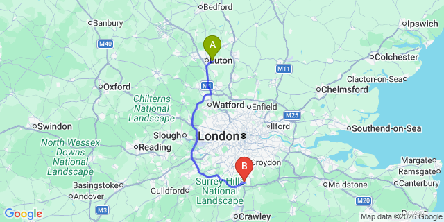 Map: London Luton Airport (LTN) to London - Chaldon