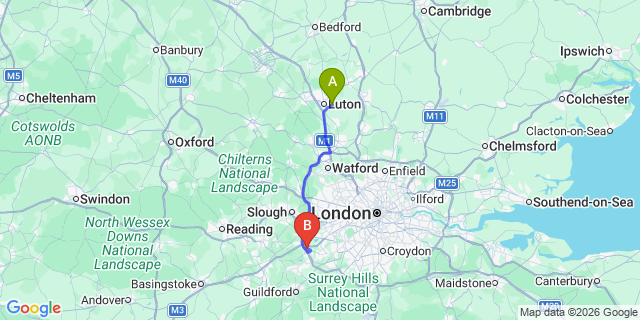 Map: London Luton Airport (LTN) to London - Chertsey