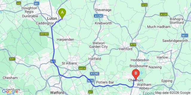 Map: London Luton Airport (LTN) to London - Cheshunt