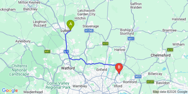 Map: London Luton Airport (LTN) to London - Chigwell
