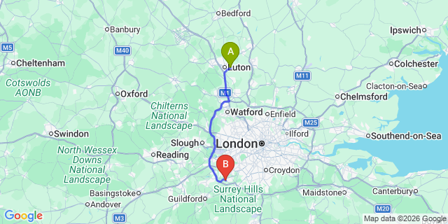 Map: London Luton Airport (LTN) to London - Cobham