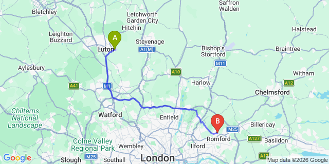 Map: London Luton Airport (LTN) to London - Collier Row