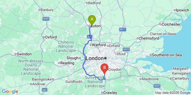 Map: London Luton Airport (LTN) to London - Coulsdon