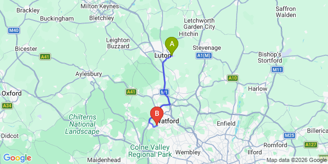Map: London Luton Airport (LTN) to London - Croxley Green