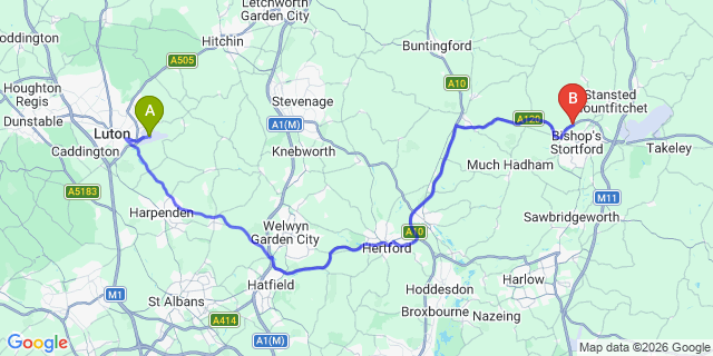 Map: London Luton Airport (LTN) to London - Dagenham