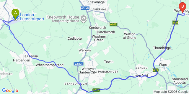 Map: London Luton Airport (LTN) to London - Denham