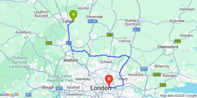 Map: London Luton Airport (LTN) to London E1