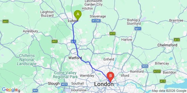Map: London Luton Airport (LTN) to e1 whitechapel