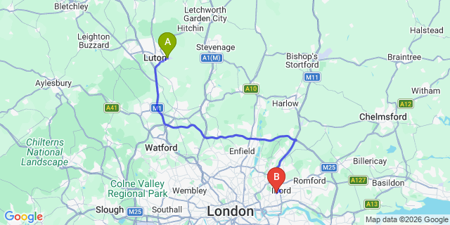 Map: London Luton Airport (LTN) to E12 Manor Park