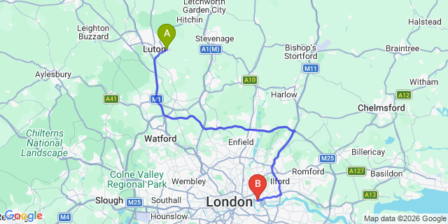Map: London Luton Airport (LTN) to London E14