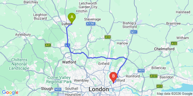 Map: London Luton Airport (LTN) to London E15