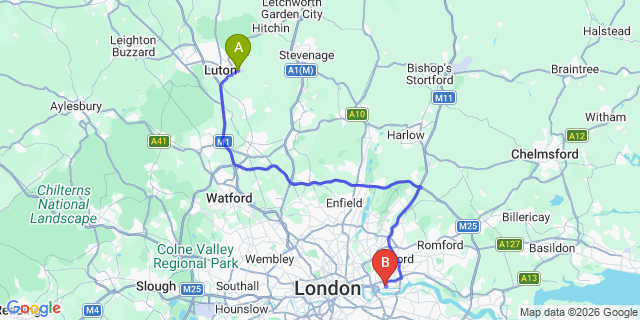 Map: London Luton Airport (LTN) to London E16
