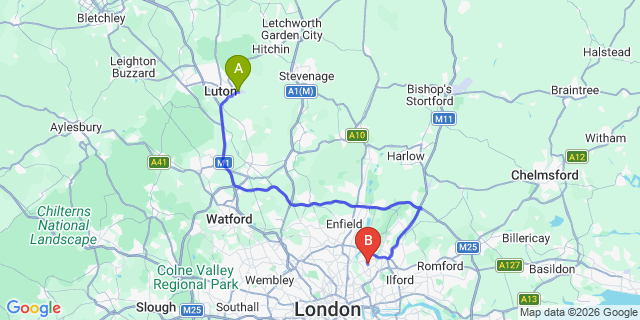 Map: London Luton Airport (LTN) to London E17
