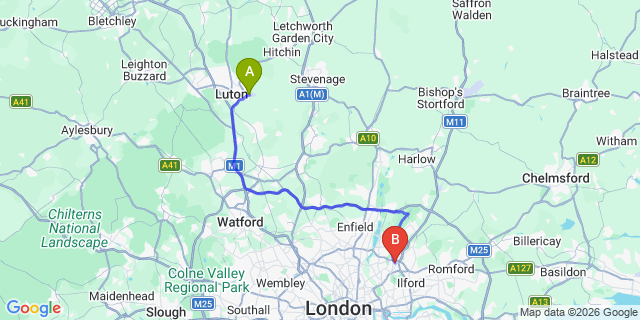 Map: London Luton Airport (LTN) to London E18