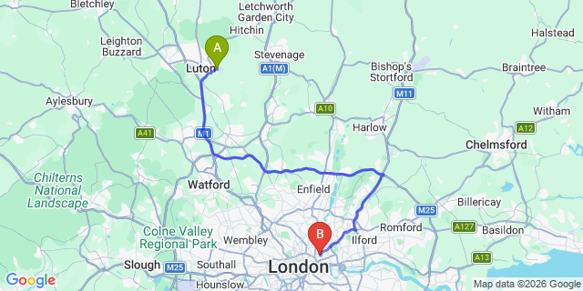Map: London Luton Airport (LTN) to London E2