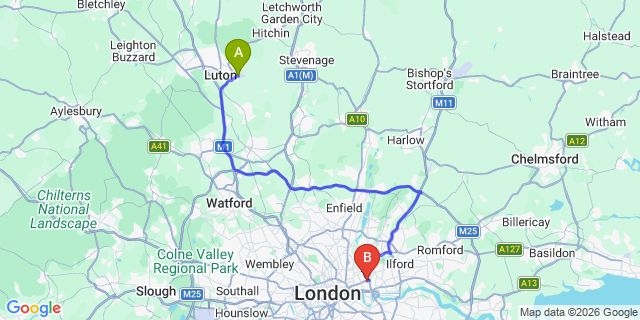 Map: London Luton Airport (LTN) to London E3