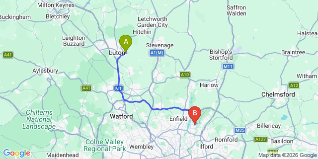 Map: London Luton Airport (LTN) to E4 Chingford