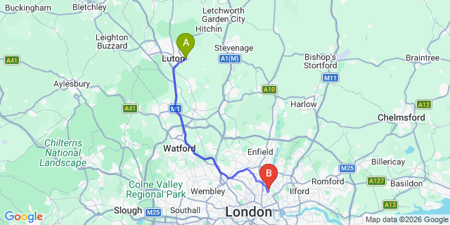 Map: London Luton Airport (LTN) to London E5