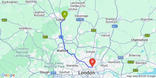 Map: London Luton Airport (LTN) to London E8