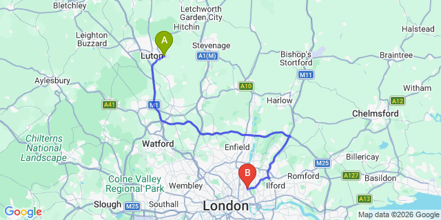 Map: London Luton Airport (LTN) to London E9