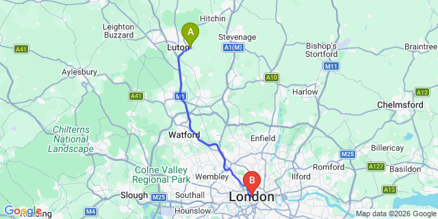 Map: London Luton Airport (LTN) to London EC2
