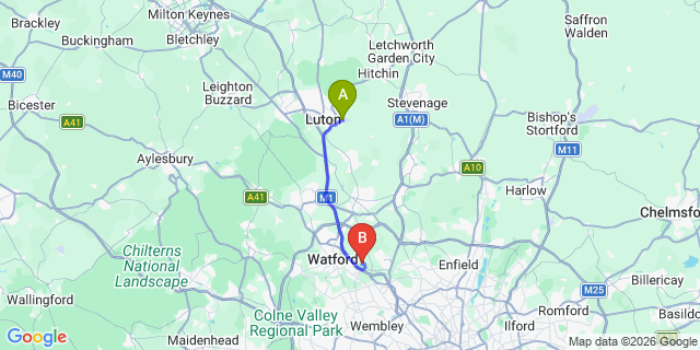 Map: London Luton Airport (LTN) to London - Elstree