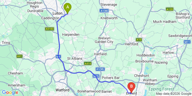 Map: London Luton Airport (LTN) to London - Enfield