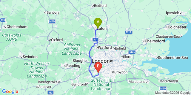 Map: London Luton Airport (LTN) to London - Esher