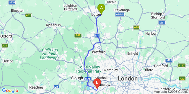Map: London Luton Airport (LTN) to London - Feltham